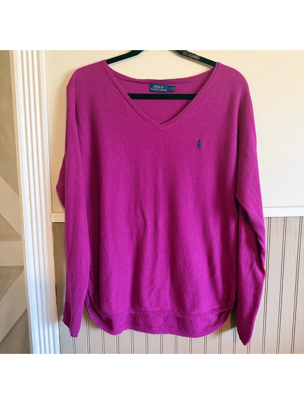 Polo Ralph Lauren Pima Cotton Sweater V Neck Pink Pony Logo Women’s Large